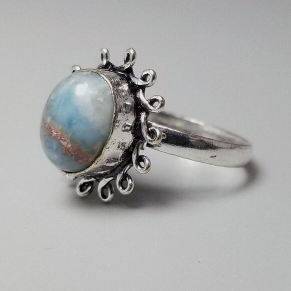 Vintage Blue Cabochon Stone Ring, Silver Tone Bezel Set Size 7.5 Band, Estate - Picture 3 of 7